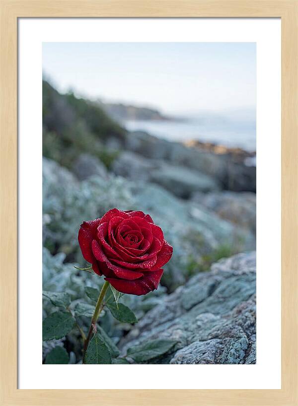 Single Red Rose With Dewy Petals