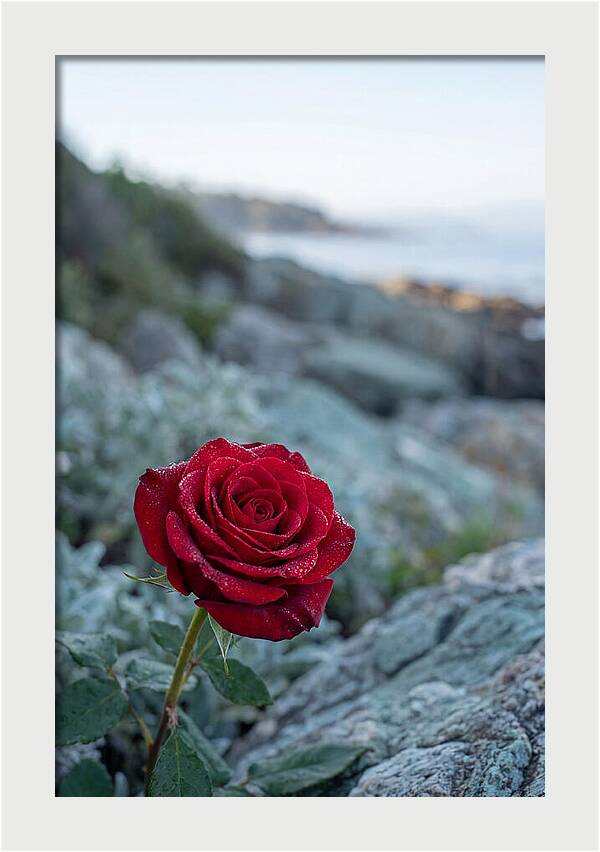 Single Red Rose With Dewy Petals