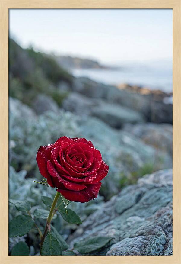 Single Red Rose With Dewy Petals