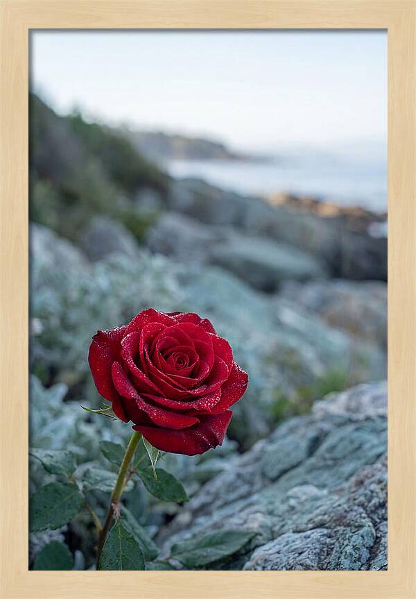 Single Red Rose With Dewy Petals