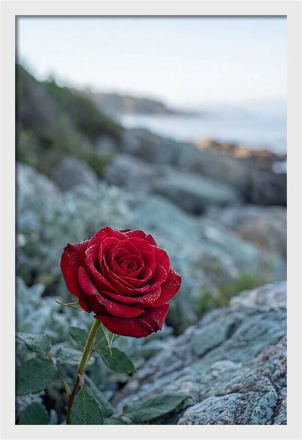 Single Red Rose With Dewy Petals