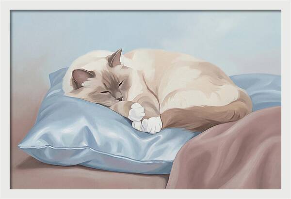Sleeping Birman Cat On Silk Pillow