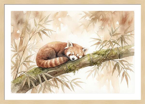 Sleeping Red Panda On Bamboo