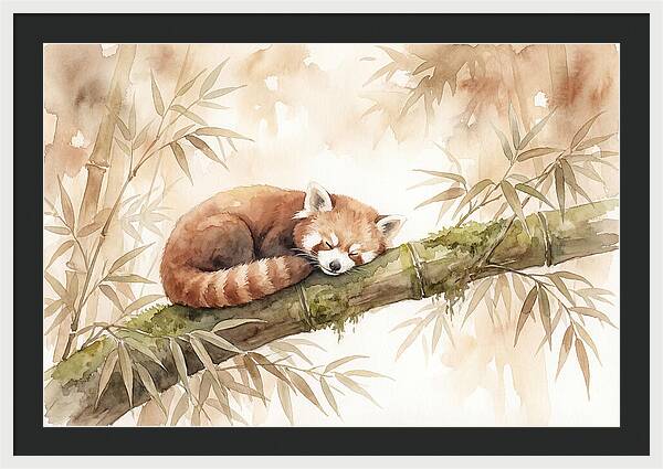 Sleeping Red Panda On Bamboo