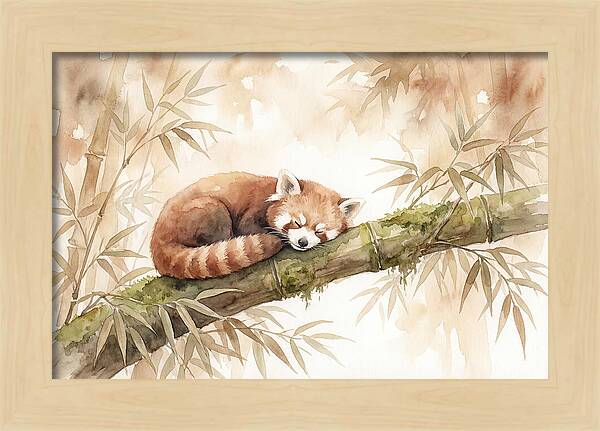 Sleeping Red Panda On Bamboo