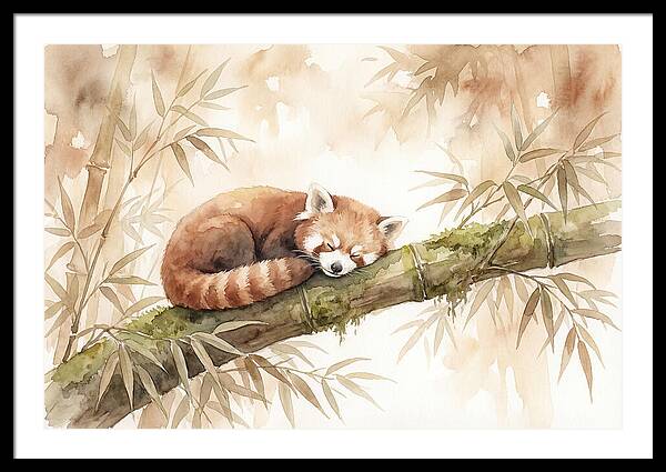 Sleeping Red Panda On Bamboo