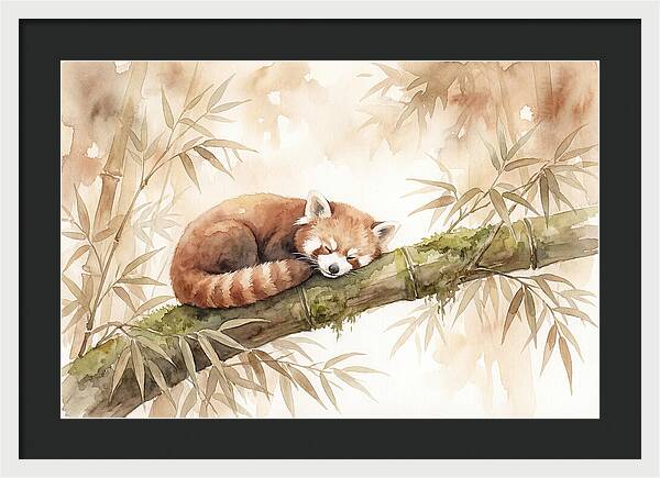 Sleeping Red Panda On Bamboo