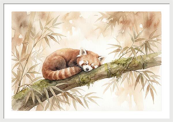 Sleeping Red Panda On Bamboo