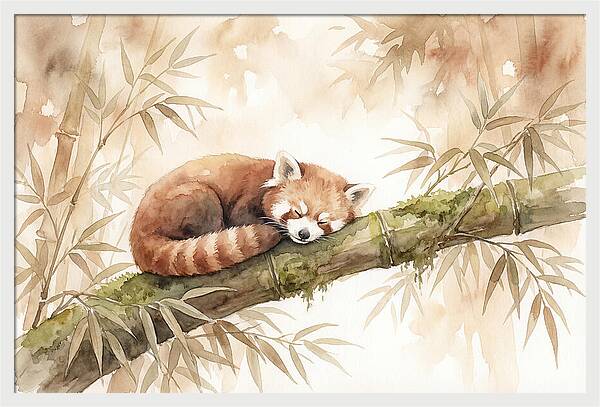 Sleeping Red Panda On Bamboo