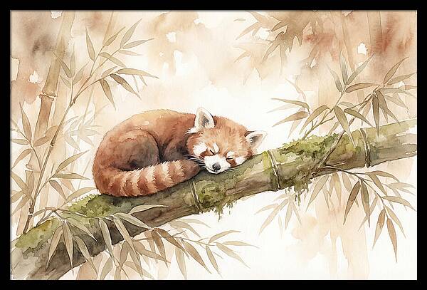 Sleeping Red Panda On Bamboo