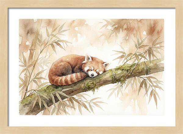 Sleeping Red Panda On Bamboo
