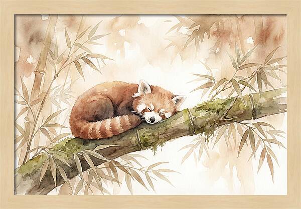Sleeping Red Panda On Bamboo