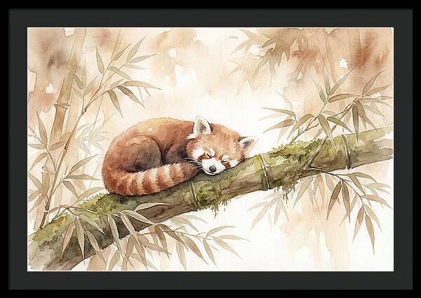 Sleeping Red Panda On Bamboo