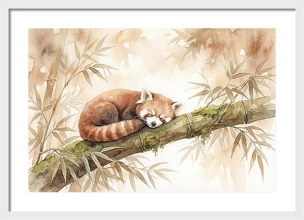 Sleeping Red Panda On Bamboo