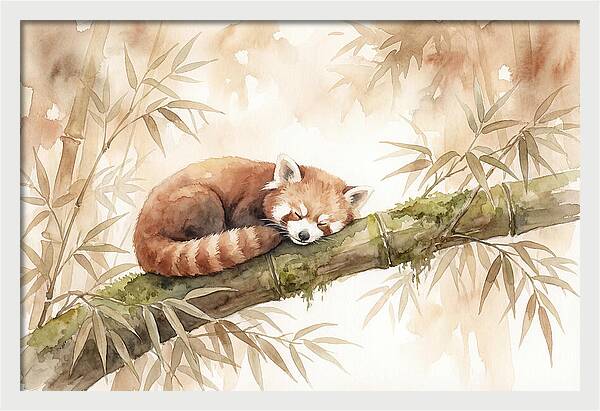 Sleeping Red Panda On Bamboo
