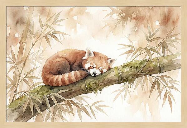 Sleeping Red Panda On Bamboo