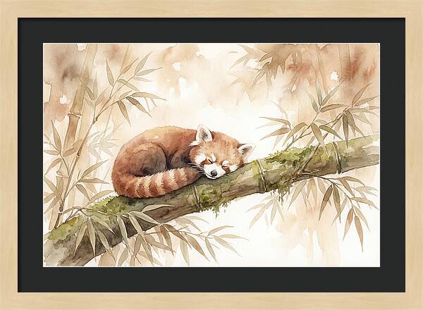Sleeping Red Panda On Bamboo