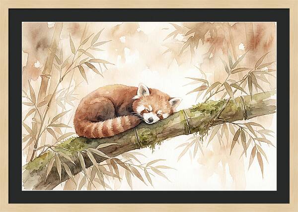 Sleeping Red Panda On Bamboo