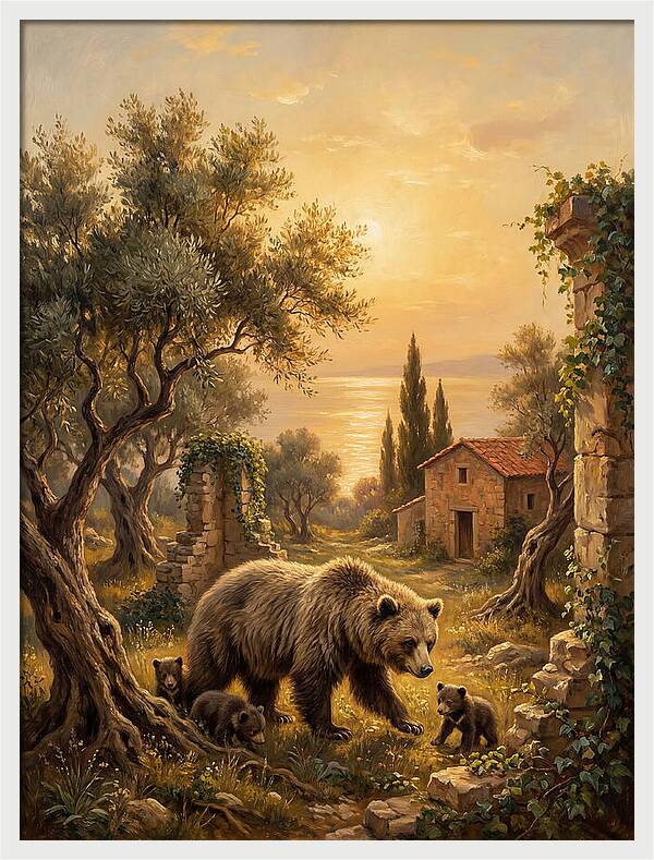 Sloth Bear Family In Mediterranean Landscape