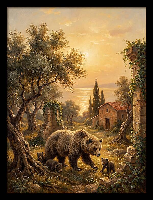 Sloth Bear Family In Mediterranean Landscape