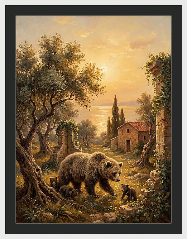 Sloth Bear Family In Mediterranean Landscape
