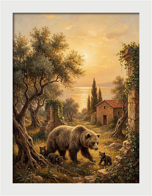 Sloth Bear Family In Mediterranean Landscape