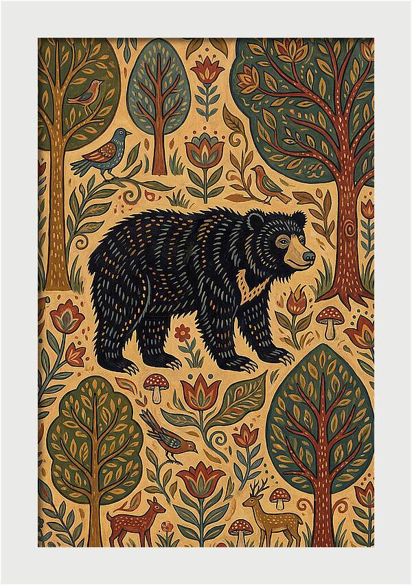 Sloth Bear In A Folk Landscape