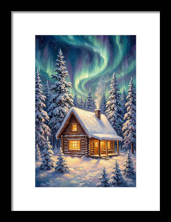 Snow Cabin Under Aurora