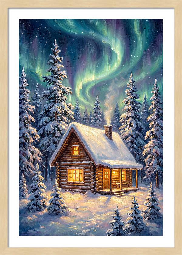 Snow Cabin Under Aurora