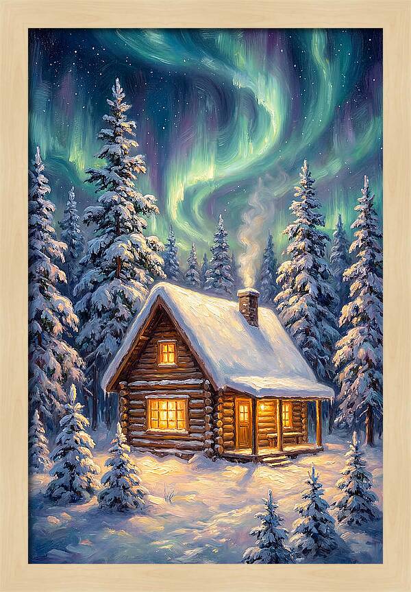Snow Cabin Under Aurora