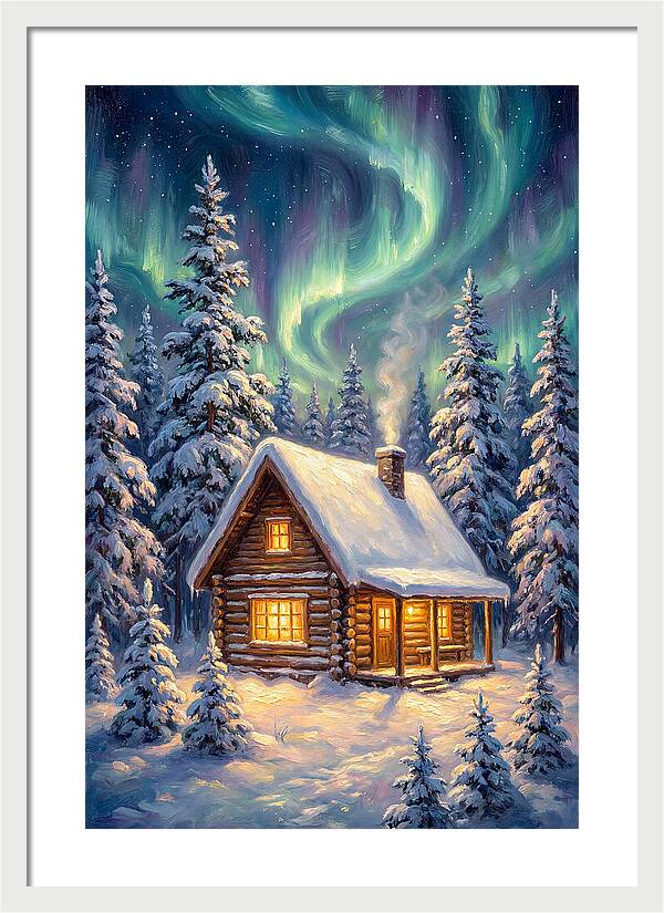 Snow Cabin Under Aurora