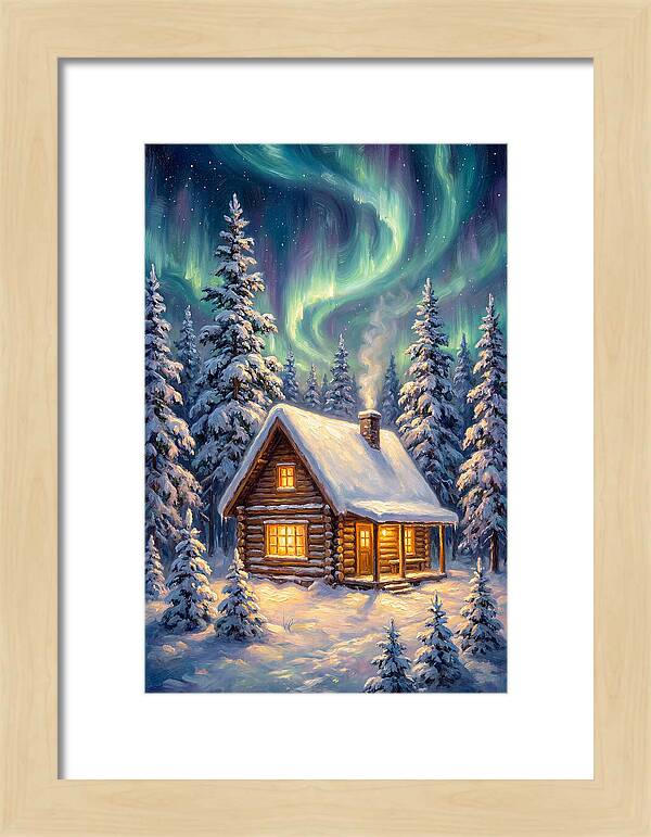 Snow Cabin Under Aurora