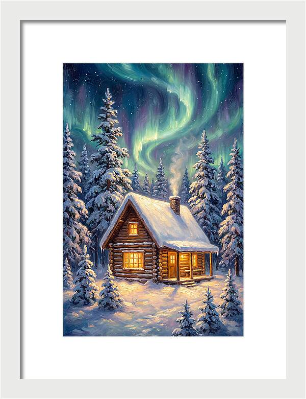 Snow Cabin Under Aurora