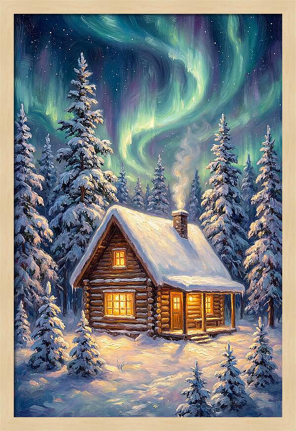 Snow Cabin Under Aurora