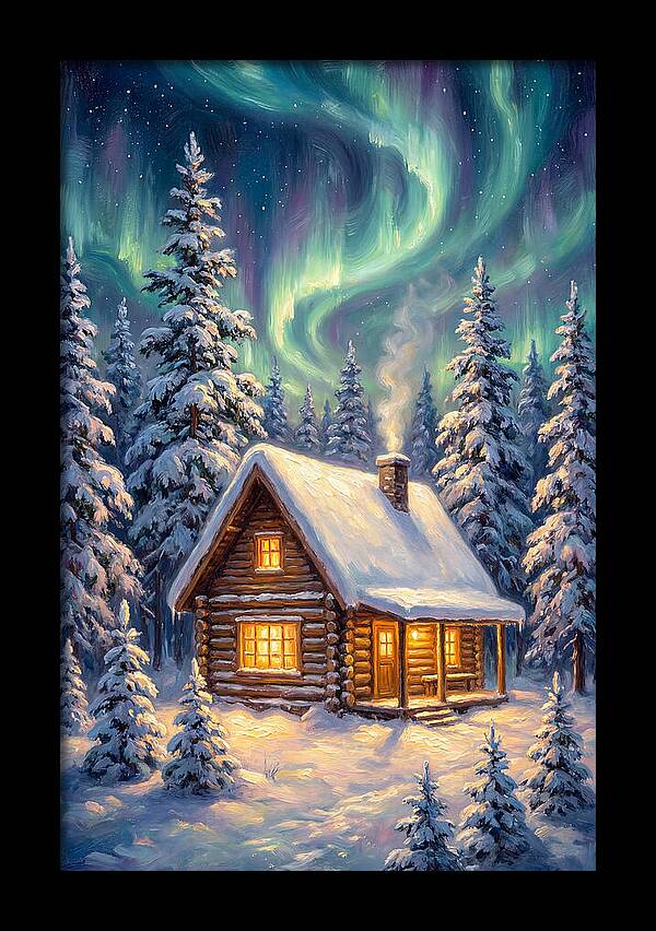 Snow Cabin Under Aurora