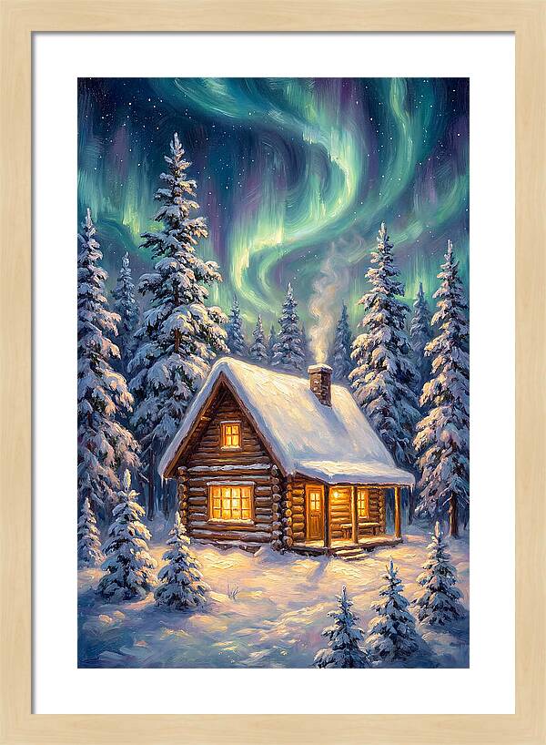 Snow Cabin Under Aurora