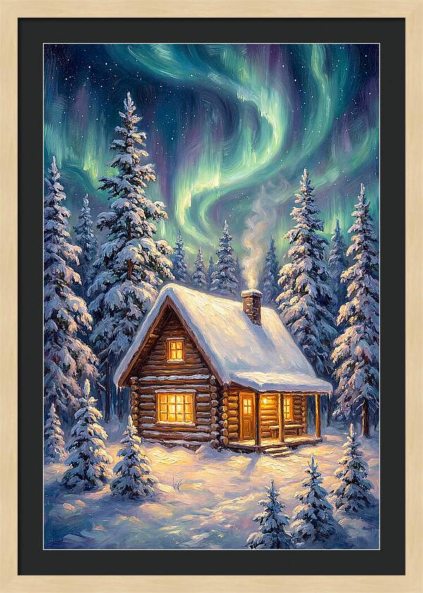 Snow Cabin Under Aurora