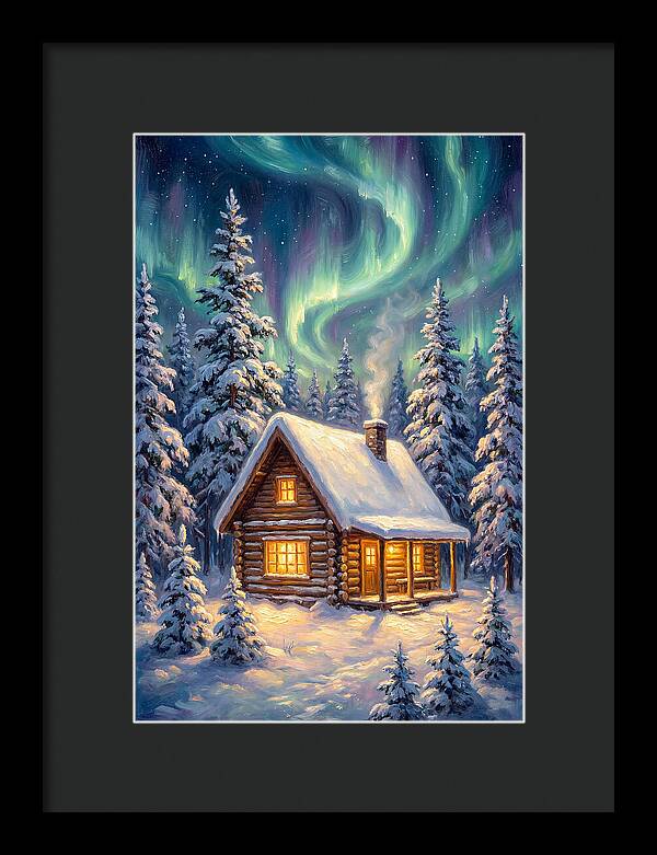 Snow Cabin Under Aurora