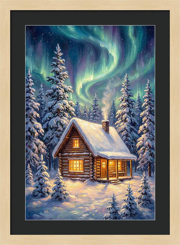Snow Cabin Under Aurora