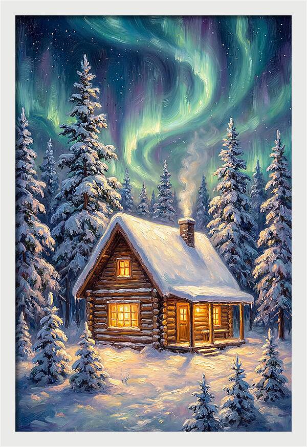 Snow Cabin Under Aurora