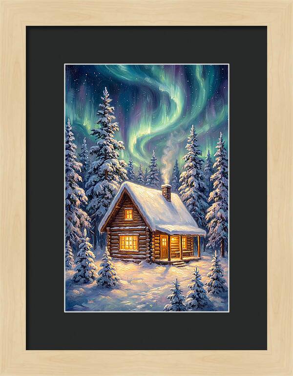 Snow Cabin Under Aurora