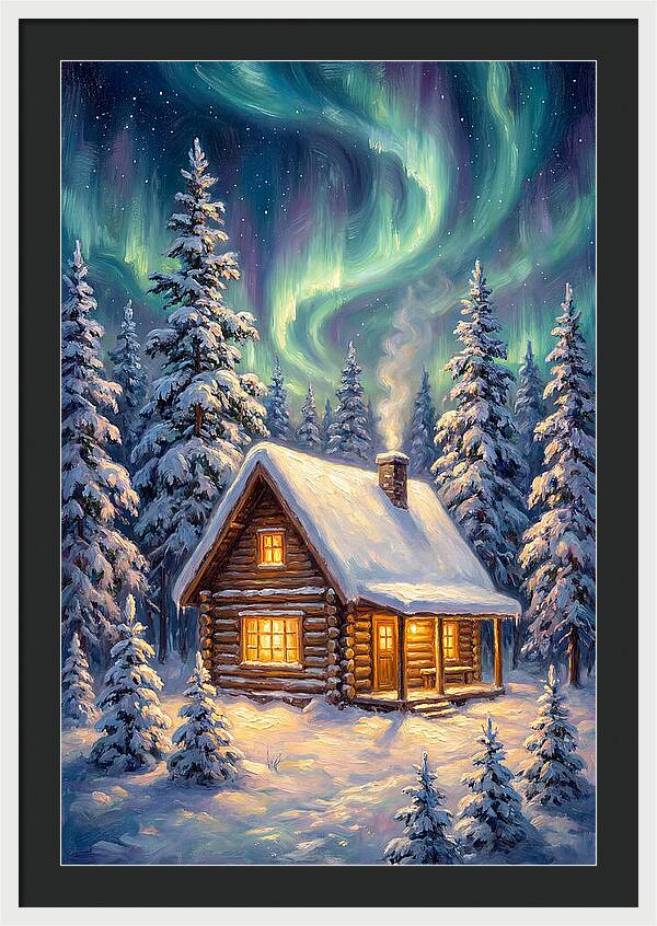 Snow Cabin Under Aurora