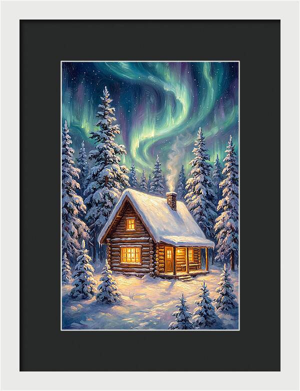 Snow Cabin Under Aurora