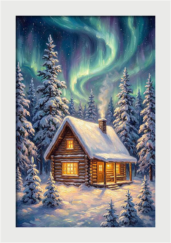 Snow Cabin Under Aurora