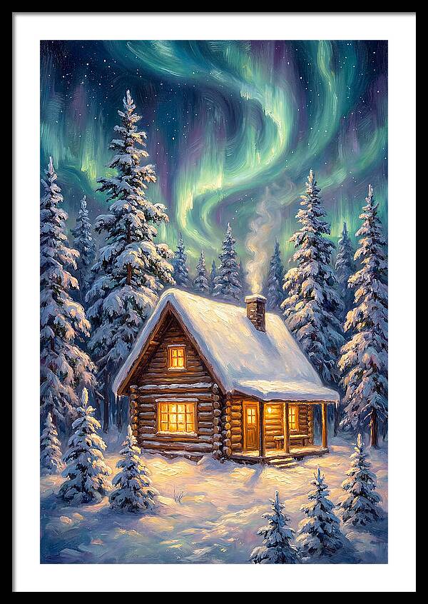 Snow Cabin Under Aurora