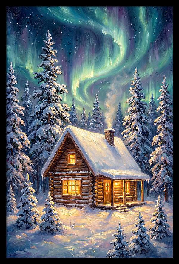 Snow Cabin Under Aurora