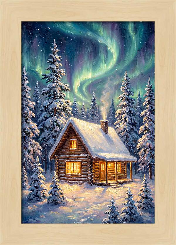 Snow Cabin Under Aurora