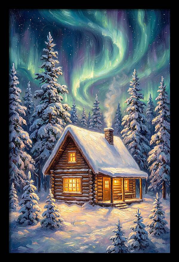 Snow Cabin Under Aurora