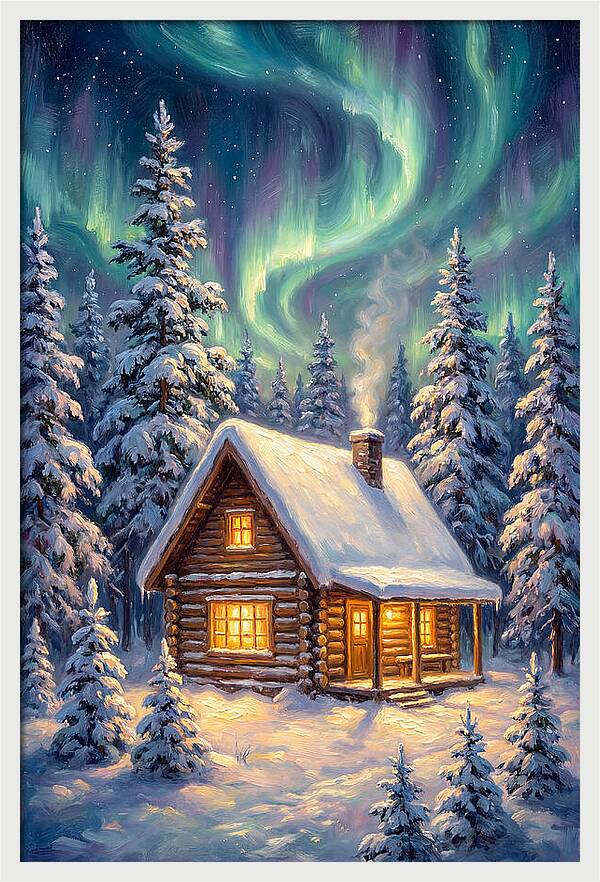 Snow Cabin Under Aurora