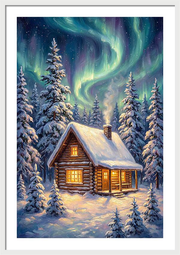 Snow Cabin Under Aurora